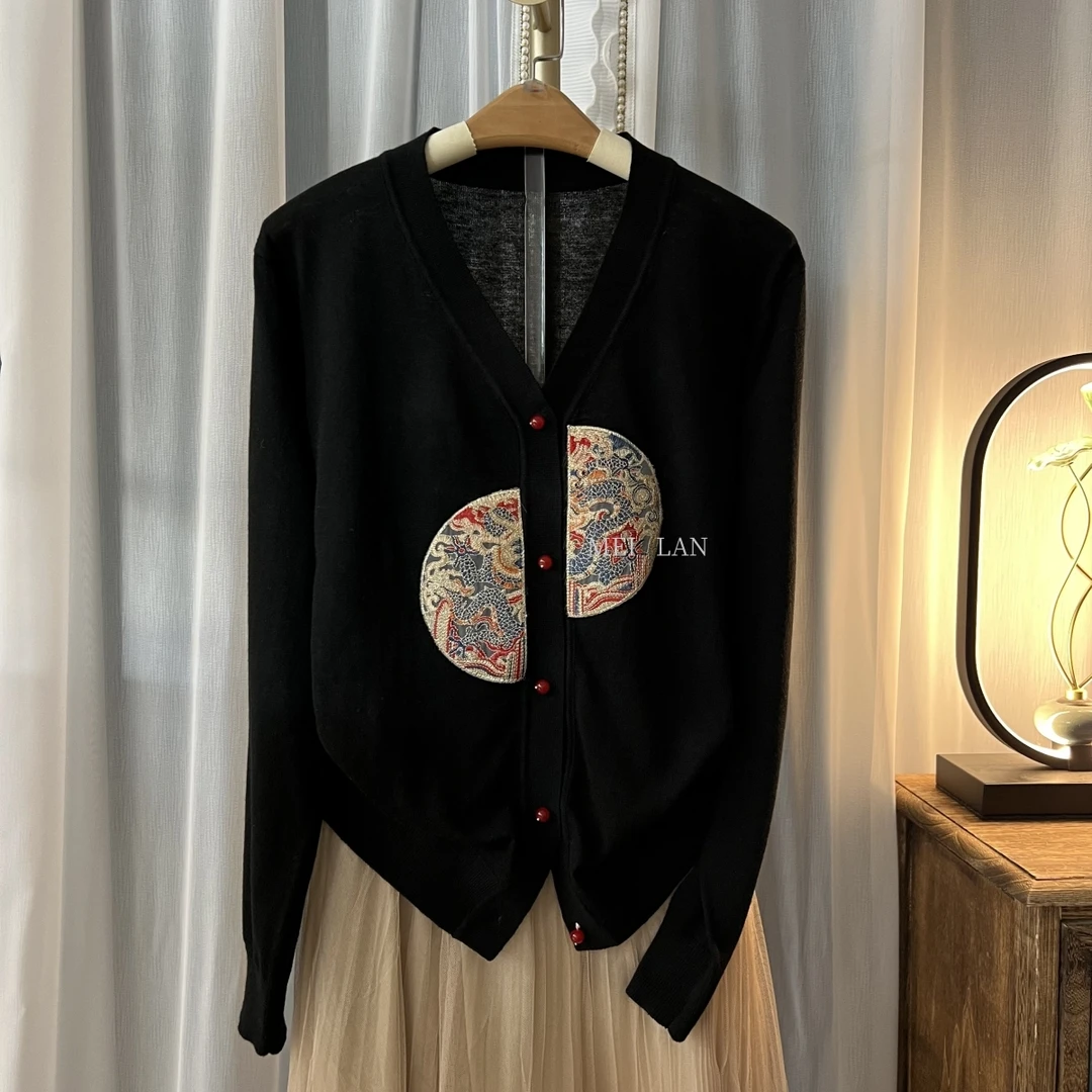 【V086-V领】新中式国风V领大码百搭针织衫开衫外套女