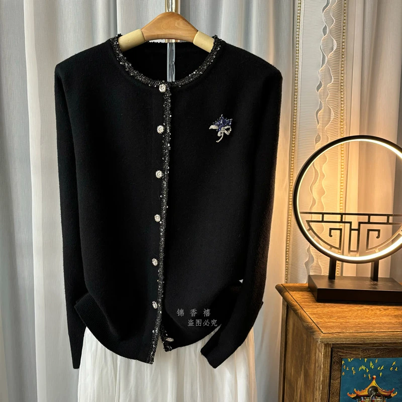 【V540-1软珠亮片边】欧货重工气质显瘦针织衫开衫毛衣外套