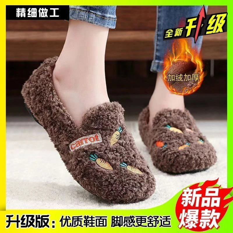 2024冬季新款加绒毛毛鞋女休闲时尚女防滑软底加厚平底豆豆棉鞋SJ