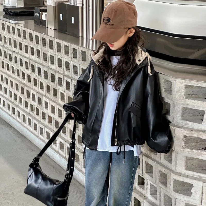 女童连帽皮衣夹克外套秋装2023新款中大童洋气机车韩系加厚拉链衫