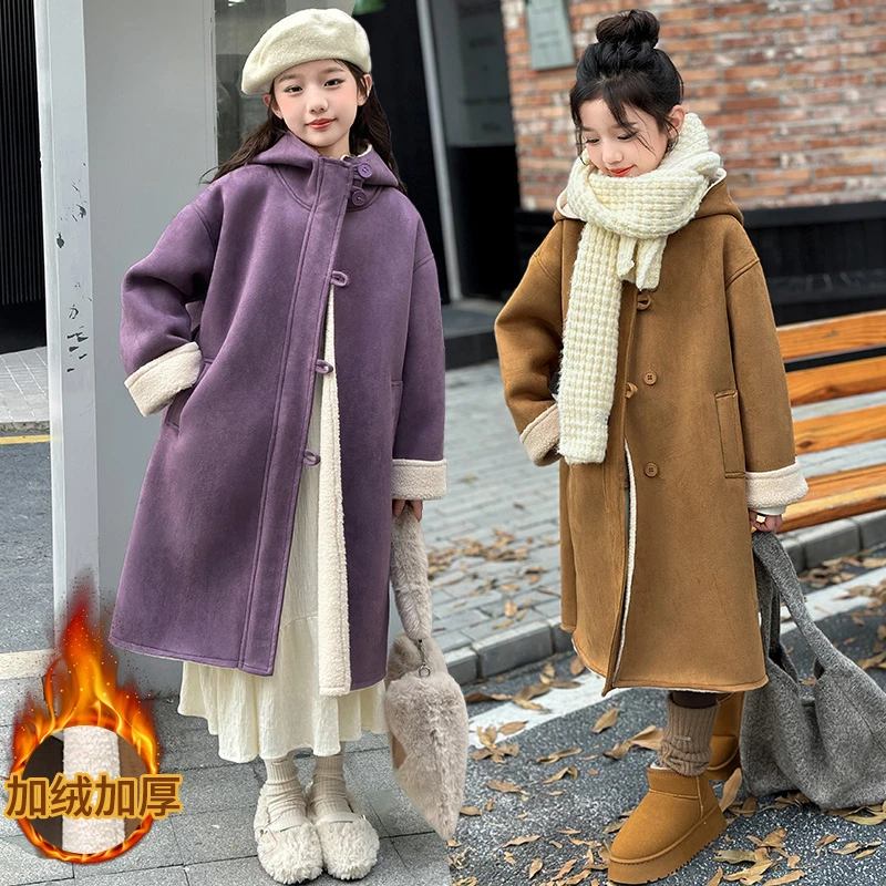 女童外套秋冬款2024新款洋气中大童儿童冬季皮毛一体加厚毛呢大衣