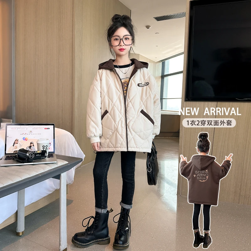 女童夹棉外套秋冬款2023新款洋气大童冬季双面穿冬装加厚棉服2775