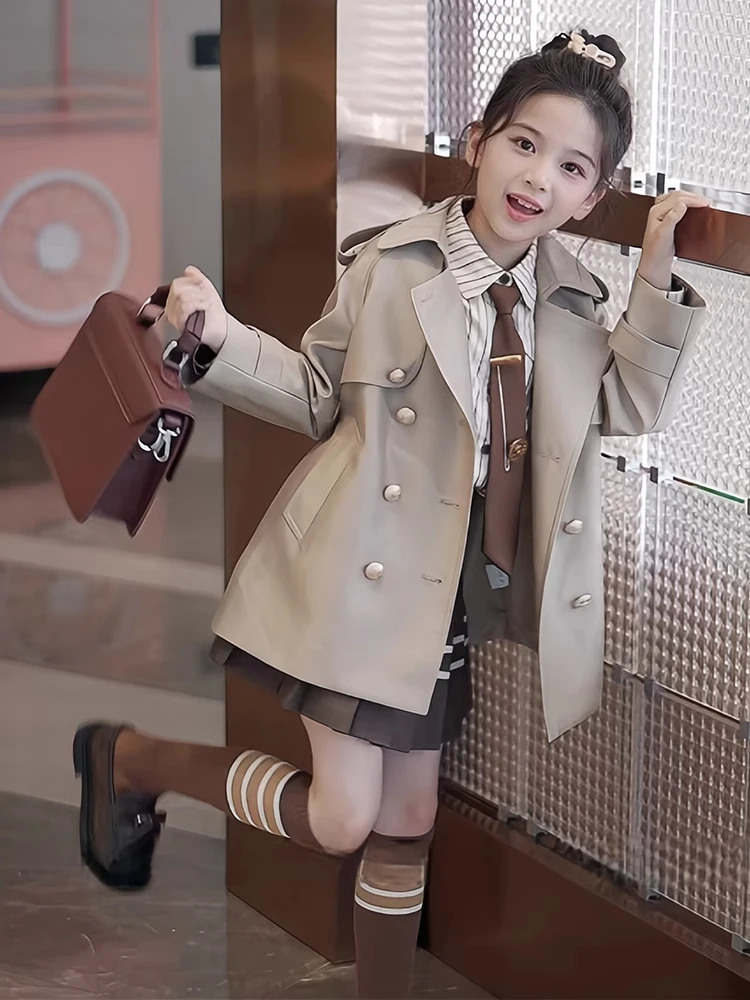 女童中长款风衣外套春秋装2025新款儿童学院英伦风两件套时髦洋气