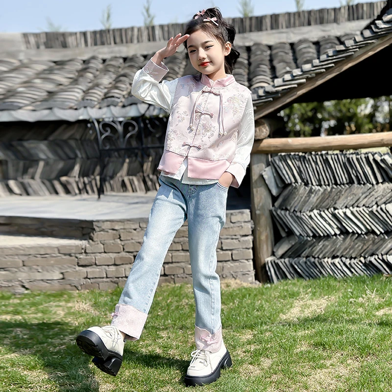 女童中国风外套春秋款2025新款中大童复古马甲新中式牛仔裤子洋气