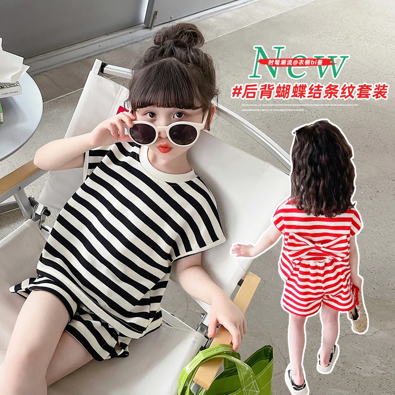女童条纹套装女孩短袖夏季洋气蝴蝶结两件套女宝休闲韩版短裤套装