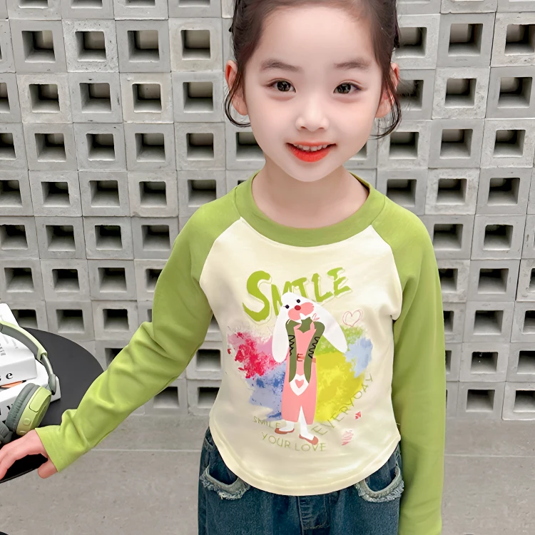 女童棉长袖T恤春秋季女宝卡通休闲拼色韩版上衣小女孩秋季打底衫