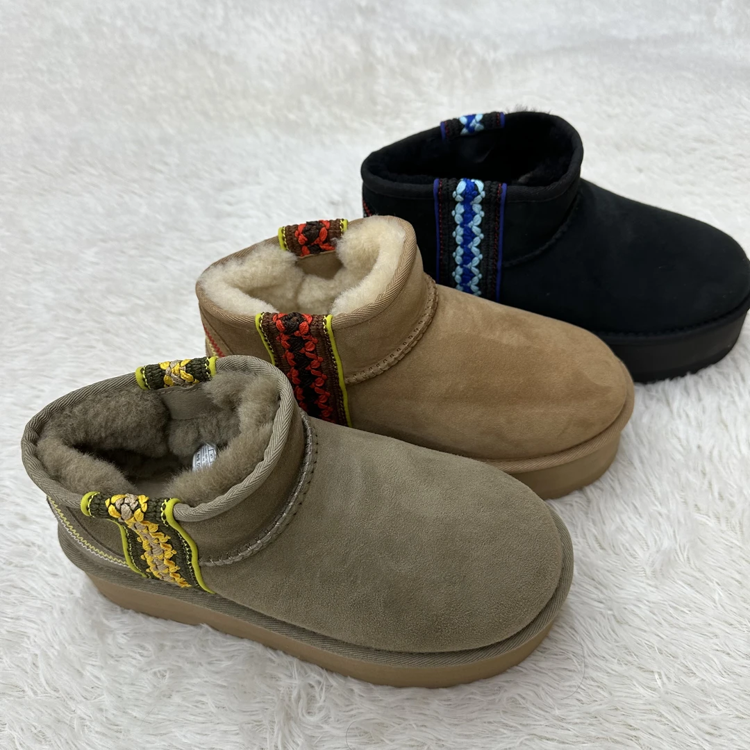 新款民族风编织厚底mini 桑坡羊皮毛一体雪地靴女士周冬雨同款冬