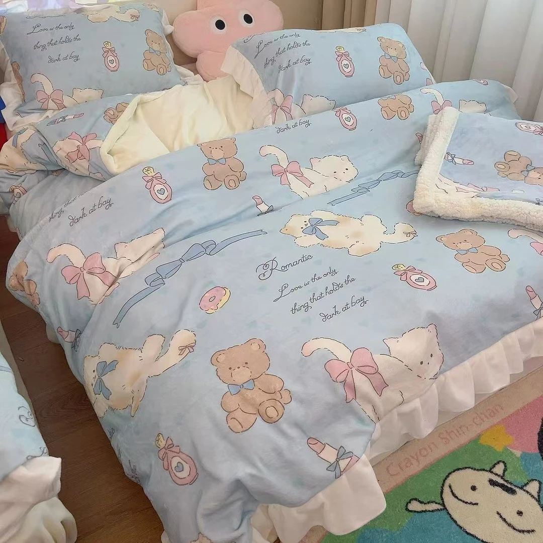 2024新款A类韩版INS卡通花边款牛奶绒四件套