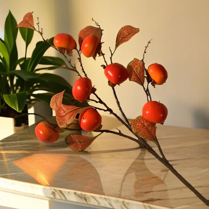 仿真柿子树枝叶子假花柿柿如意摆件客厅玄关酒店插花花束家居装饰