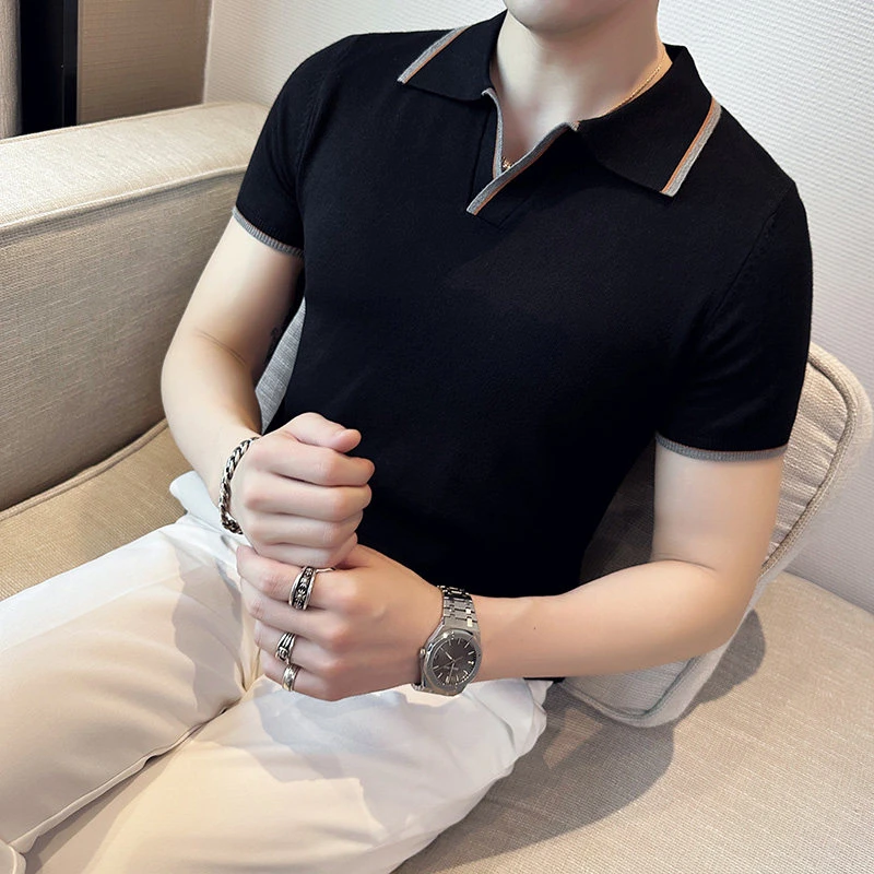 针织Polo衫男士夏季韩版潮流修身弹力翻领短袖T恤商务休闲高级感