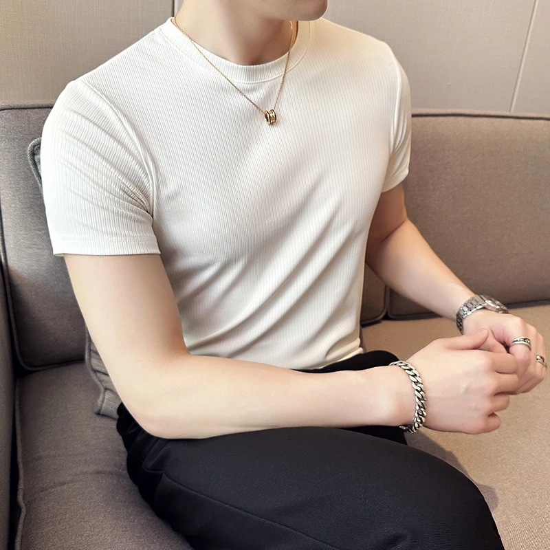 高弹力薄款冰丝短袖T恤男夏季潮流修身简约体恤打底衫高级感痞帅