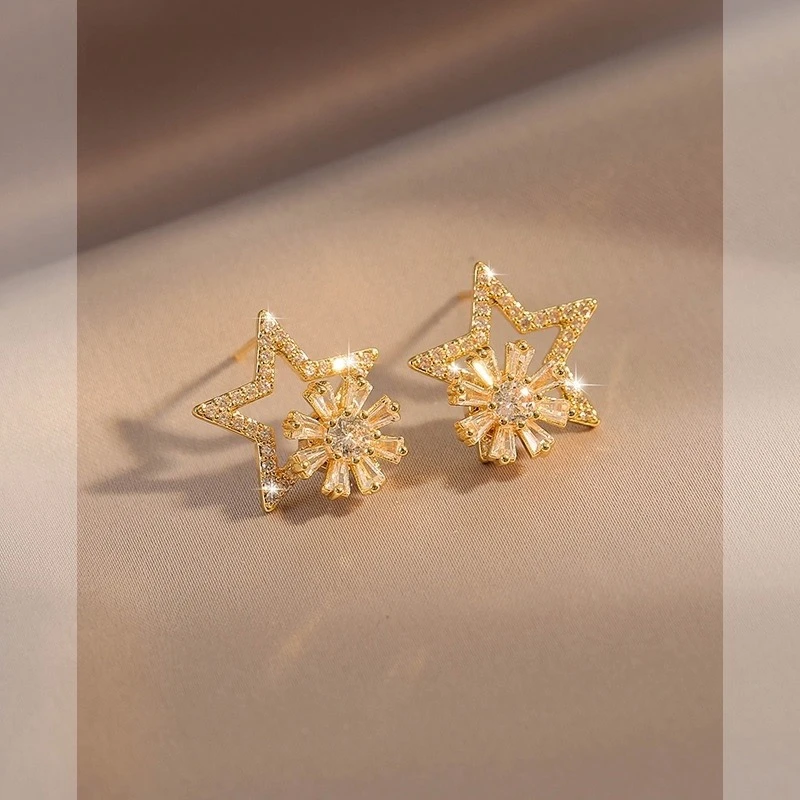 铜合金耳饰 会旋转星星耳钉小众设计锆石耳环百搭耳饰E1916