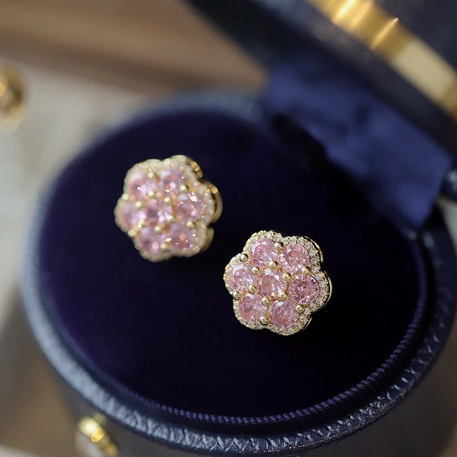 铜合金耳饰 【拂衣】粉色花朵锆石耳钉新款耳环时尚洋气耳饰E1697