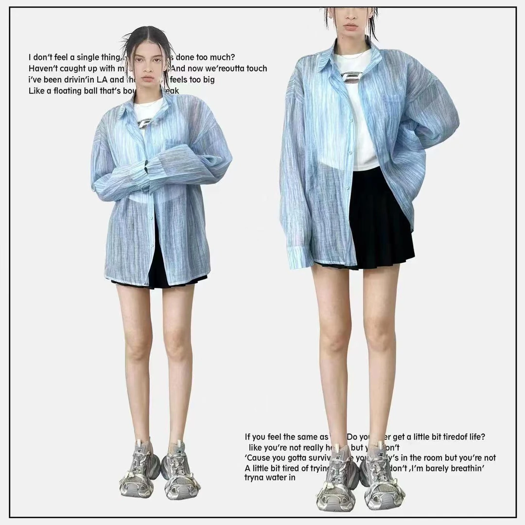 A21-3两色“网纱”条纹长袖衬衣上衣（21297）