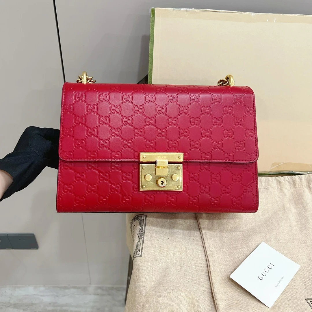 95新 GUCCI/古驰 padlock 月光宝盒红色链条包 /7ZK34947