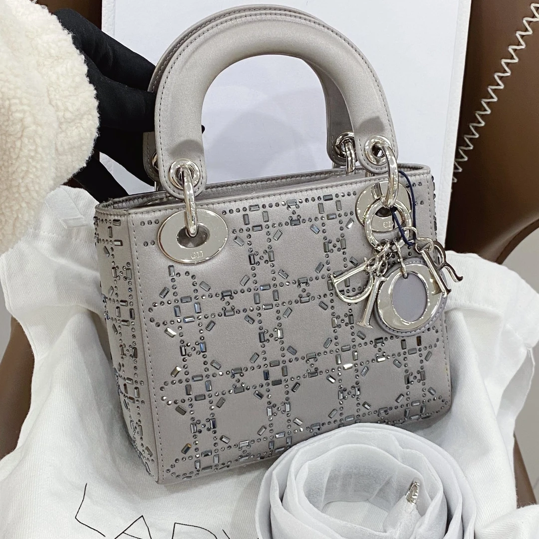 95新 DIOR/迪奥 灰色银扣三格绸缎戴妃包女士手提斜挎
