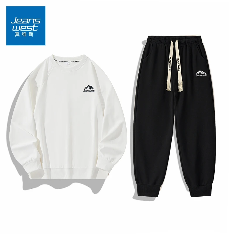 Jeanswest/真维斯春秋情侣长袖休闲运动套装百搭宽松刺绣圆领卫衣