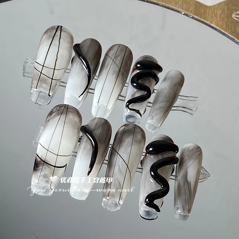 纯手工穿戴甲美甲国风古风系列手绘水墨蛇影绝美纯欲气质假指甲贴