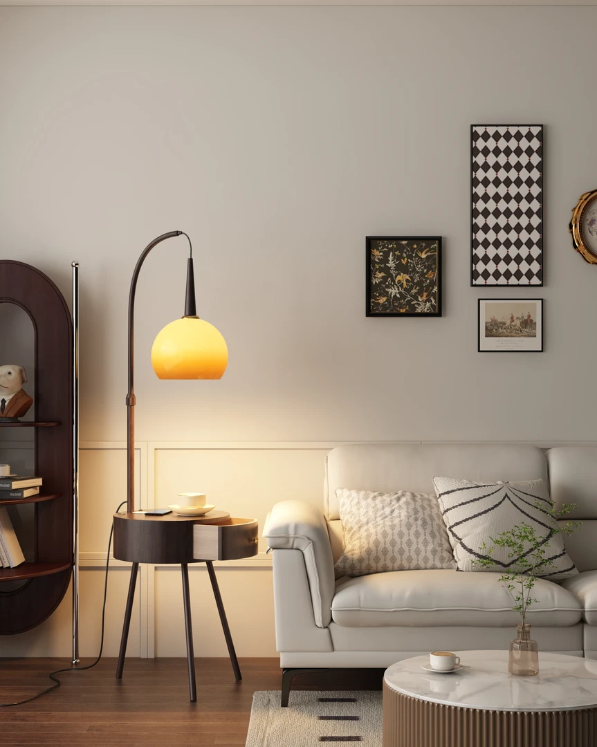 中古风柚子落地灯客厅沙发旁边茶几卧室床头柜置物架抽屉一体台灯