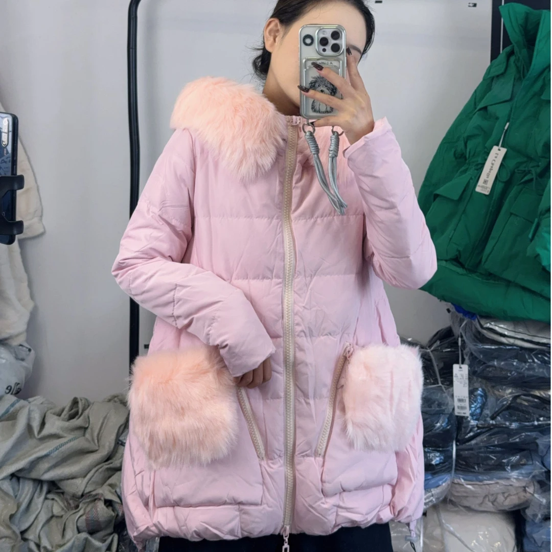 羽绒服粉色短款时尚女士连帽中长款加厚韩版冬季大毛领