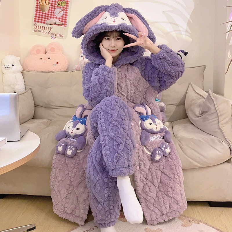 三层夹棉加厚加绒睡袍冬季法兰绒睡衣女士卡通珊瑚绒家居服 8981