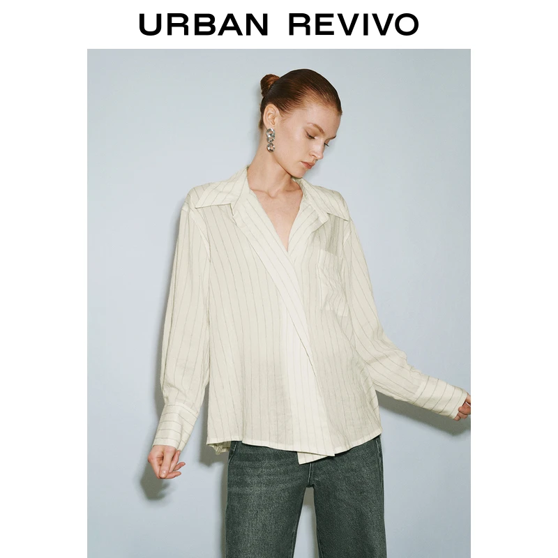 UR女装气质老钱风条纹贴袋开襟衬衫UWM240011