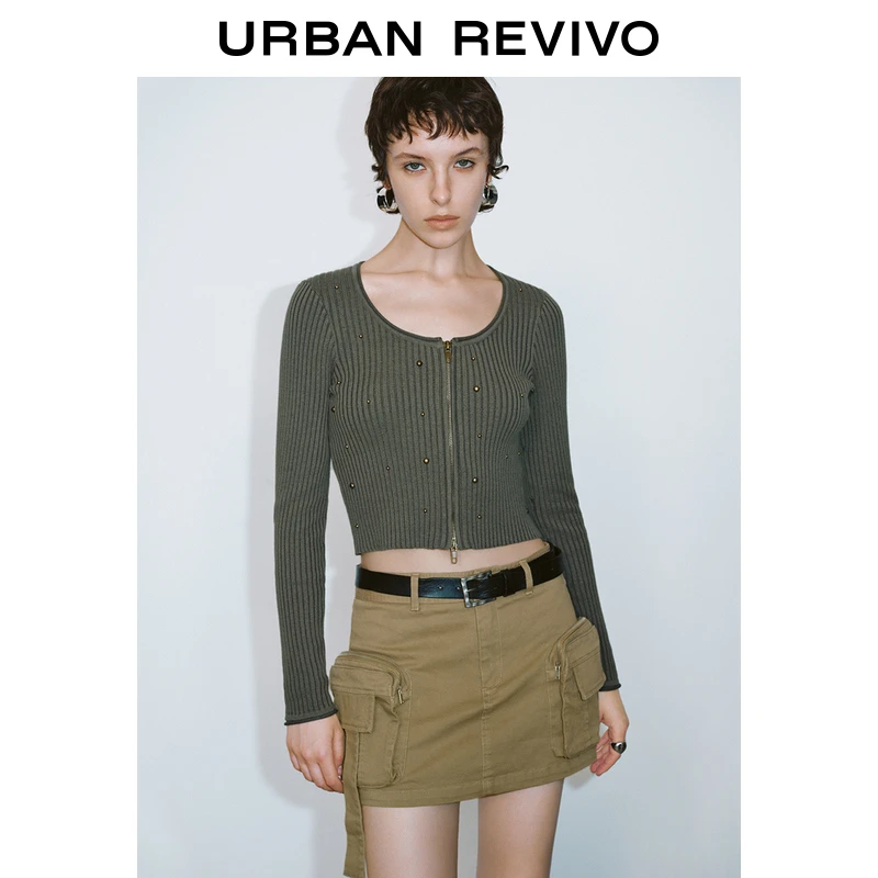 UR女装时髦钉珠坑条双拉链针织开衫UYY940028