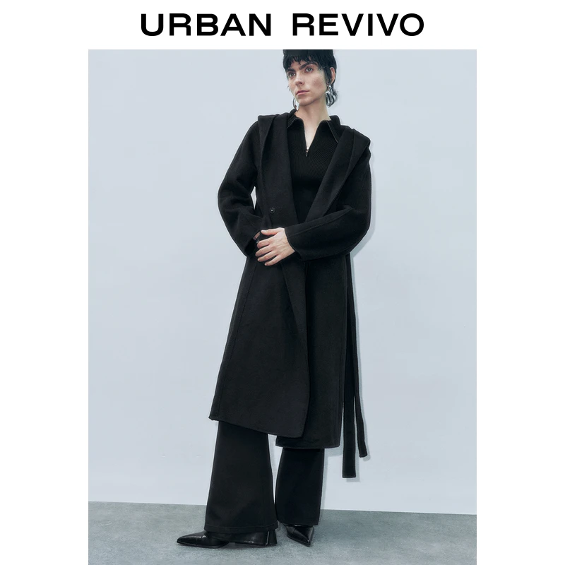 UR冬季新款女装摩登都市魅力长款收腰连帽大衣UWG140135