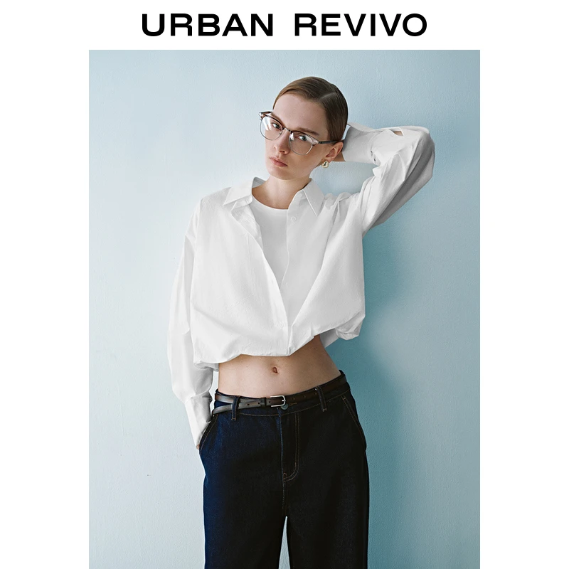UR女装纯色短款宽松廓形长袖罩衫衬衫UYY240018