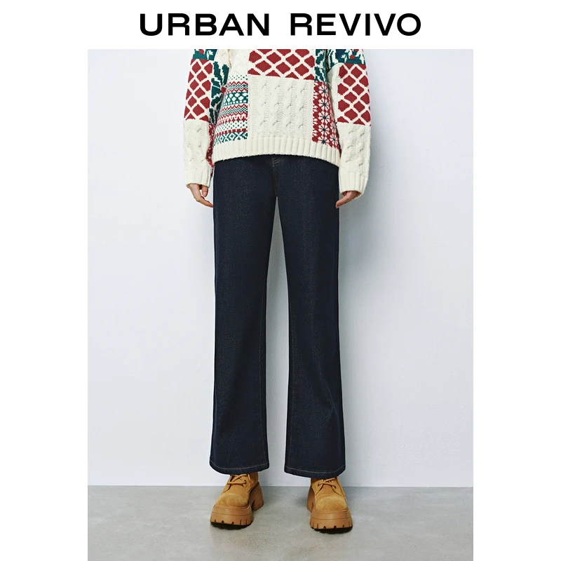 UR2024冬季新款女装撞色明线绒底高腰阔腿牛仔长裤UYY840094