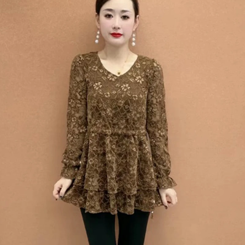 妈妈装时尚蕾丝上衣中长款大版衫新款女装宽松显瘦洋气打底裙舒适