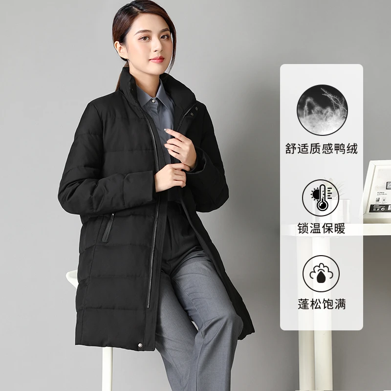 黑色立领羽绒服女新时尚中长款外套冬季4S店职业销售工装工作服