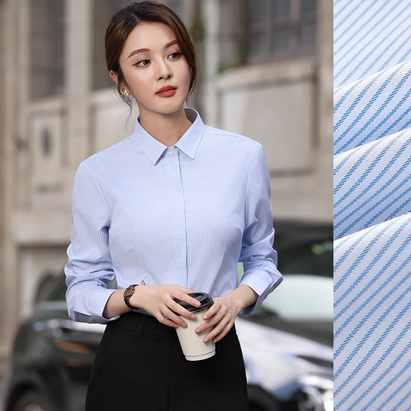 2025秋季女士商务长袖衬衫白底蓝条纹显瘦职业装方领修身工装衬衣