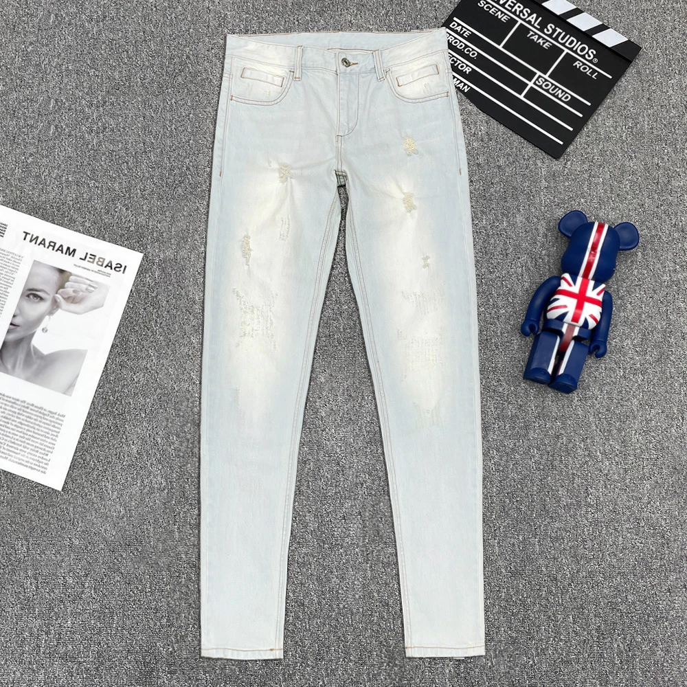 奢士库2025年高级感浅蓝色水洗破洞牛仔裤男款修身百搭小直筒弹力