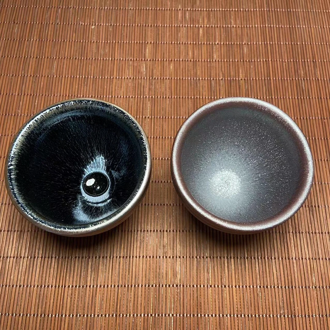 【小束口对杯】建窑建盏 主人杯 客杯 银蓝毫 彩金磨砂 铠甲 还原烧