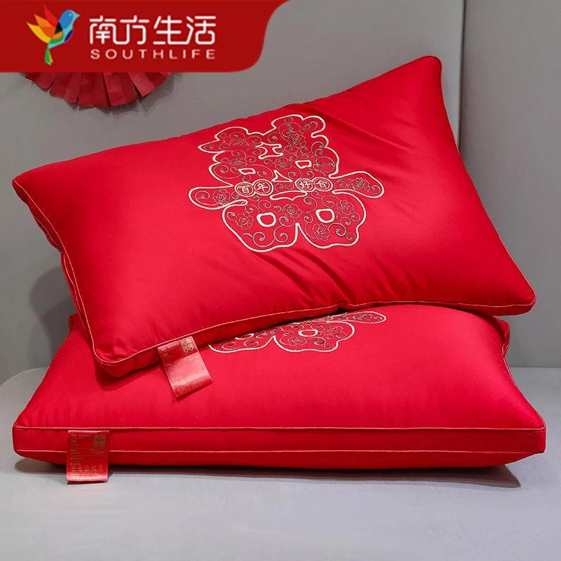 结婚大红枕头婚礼喜庆枕芯家用成人单人中式护颈椎大红色