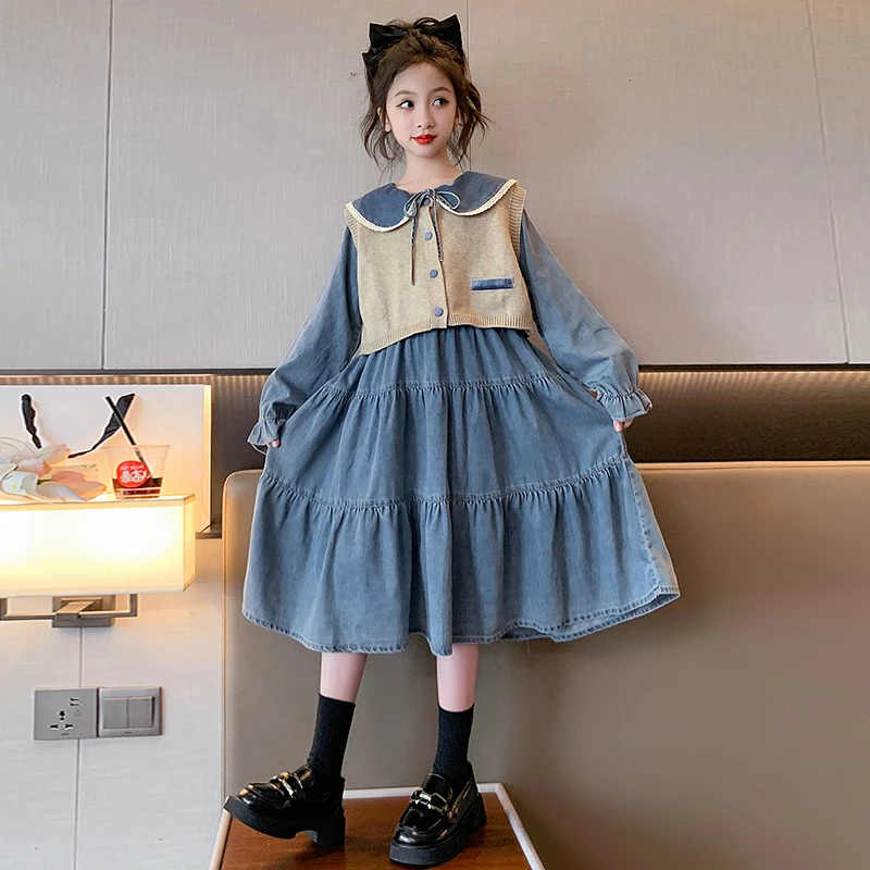 女童春秋装连衣裙中大童秋季毛衣马甲2025新女孩牛仔连衣裙两件套