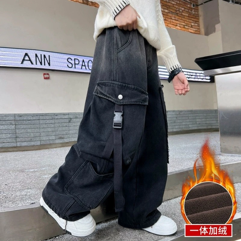 男童加绒牛仔裤一体绒2025新款潮儿童工装裤子加厚男孩休闲裤洋气