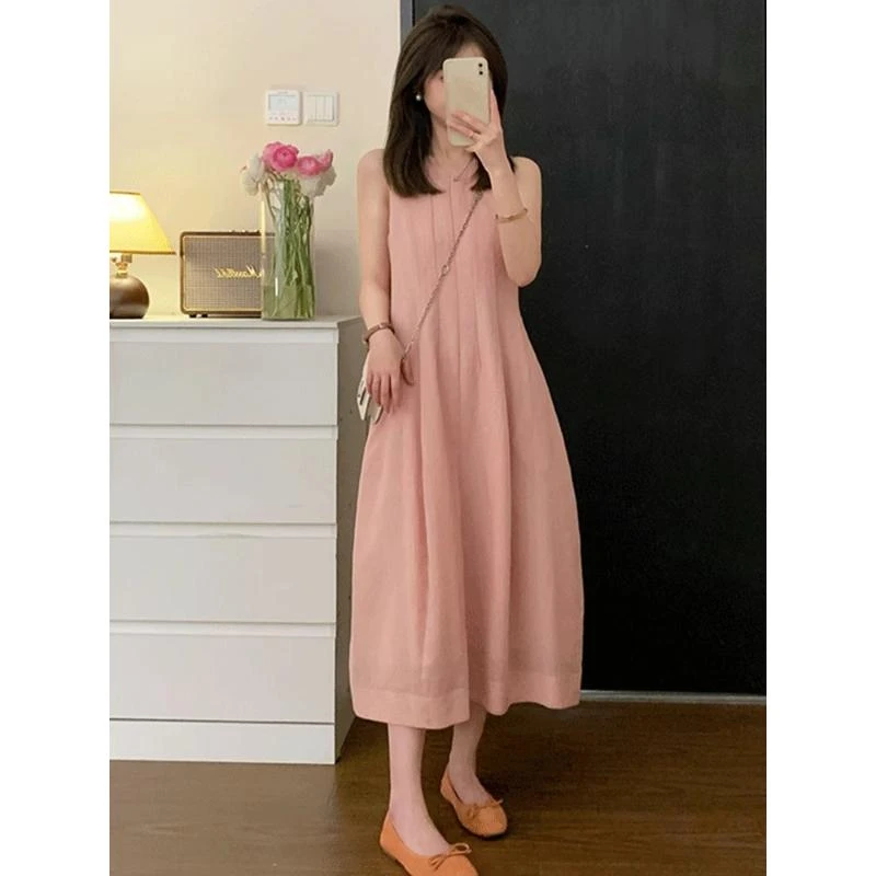 粉色法式甜美雪纺背心无袖连衣裙三文鱼裙新款女夏季显瘦长裙