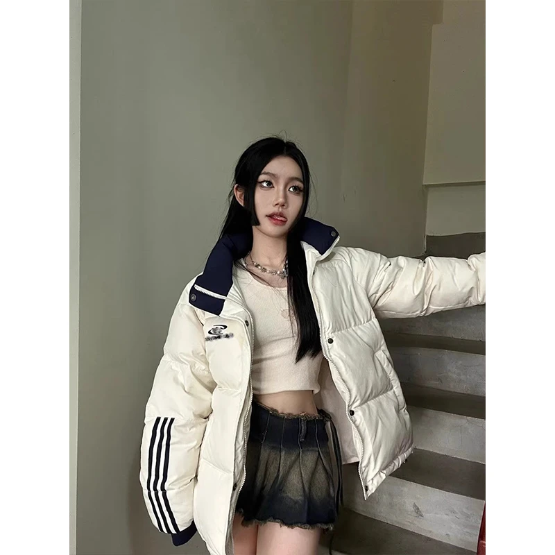 美式复古条纹立领棉服女2024冬季新款棉衣外套加厚百搭保暖面包服