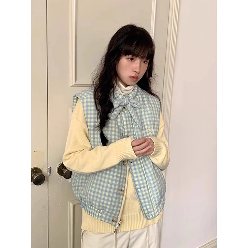 双面穿格子背心马甲棉服女冬季新款外穿高级感超好看保暖马夹棉衣