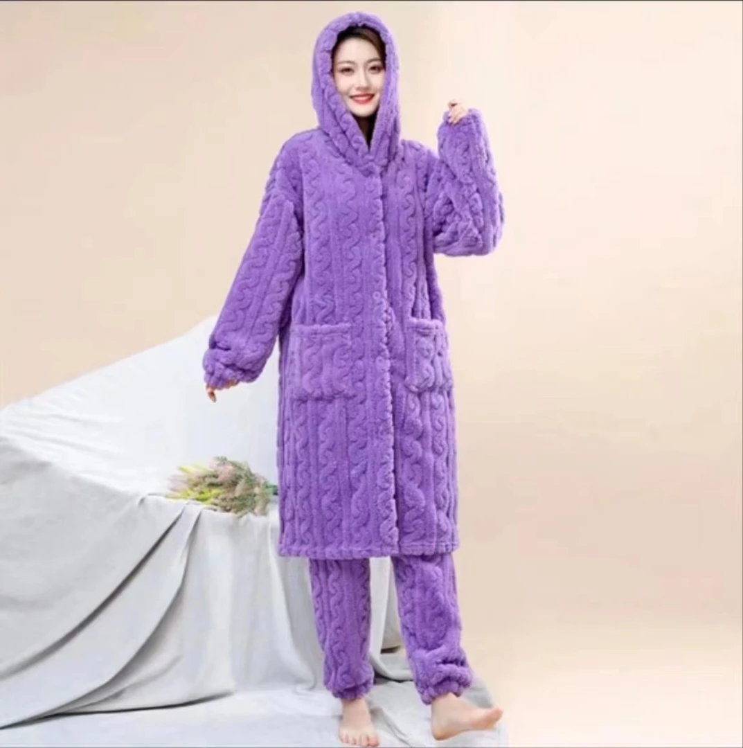 睡衣女冬款2024新款女士套装冬季珊瑚绒家居服连帽长款家居服