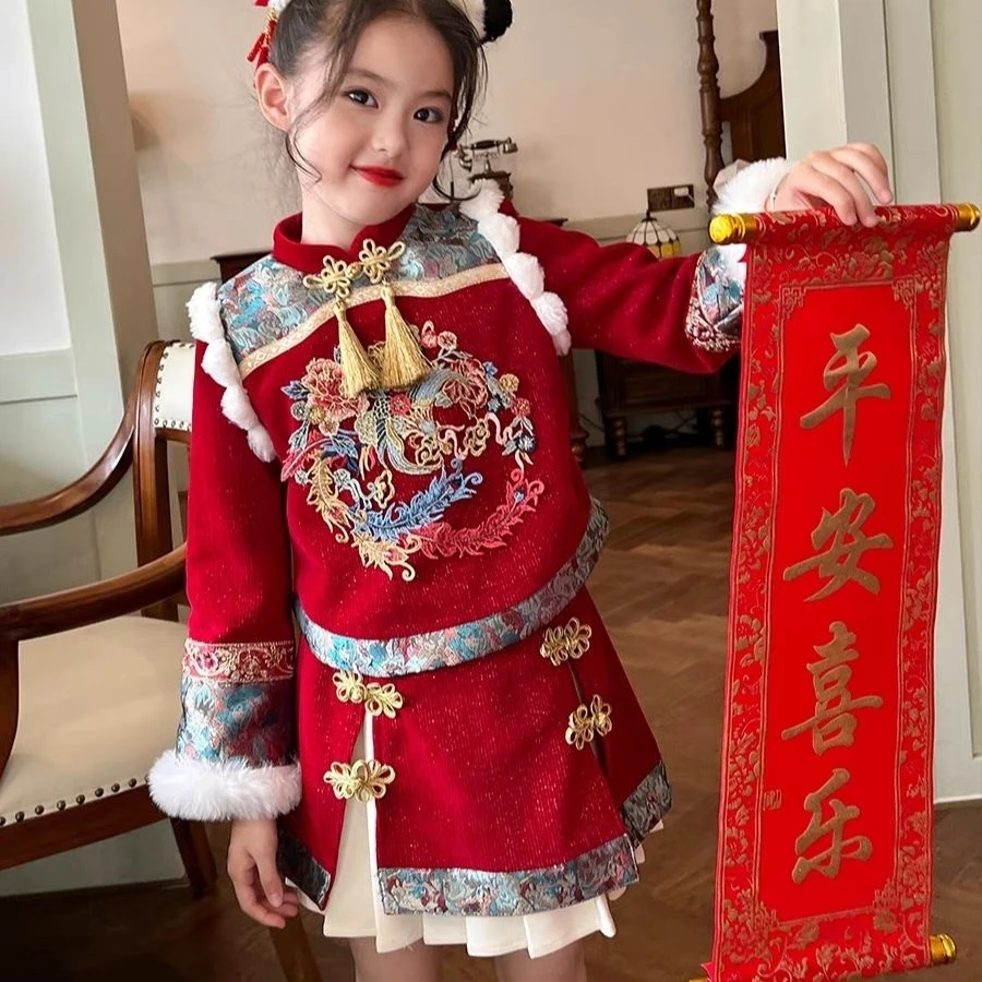 女童冬装新年套装2023冬季新款儿童女宝宝加棉唐装拜年服过年衣服