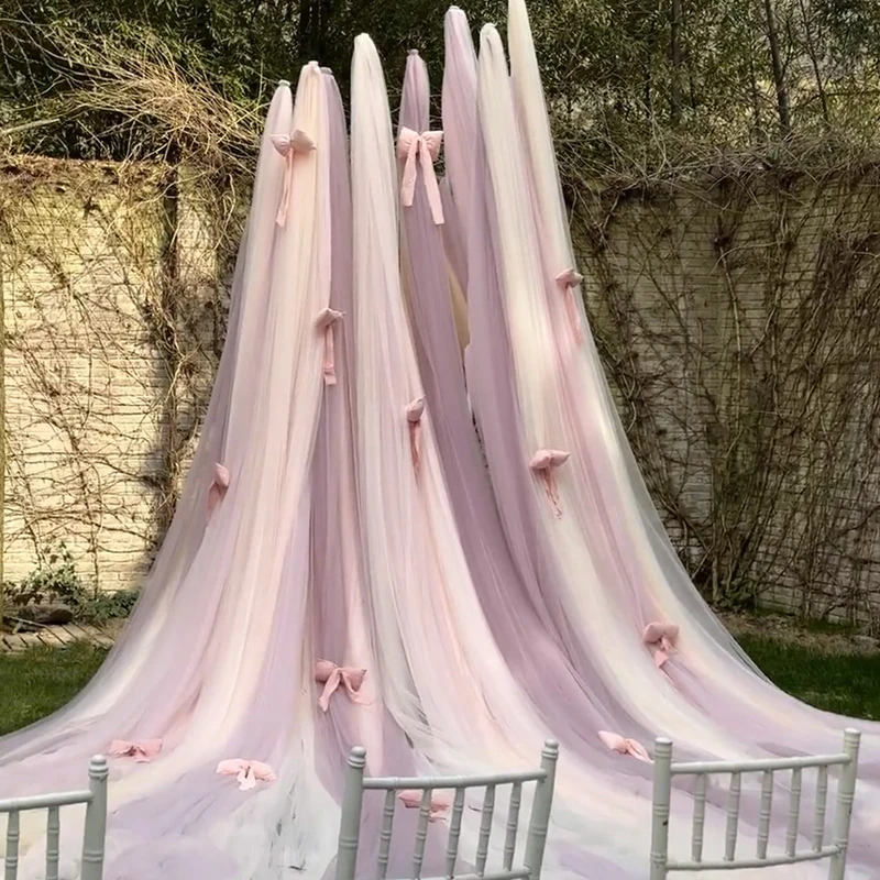 粉紫色淡黄色软纱幔婚礼迎宾背景瀑布纱装饰活动舞台布置网纱