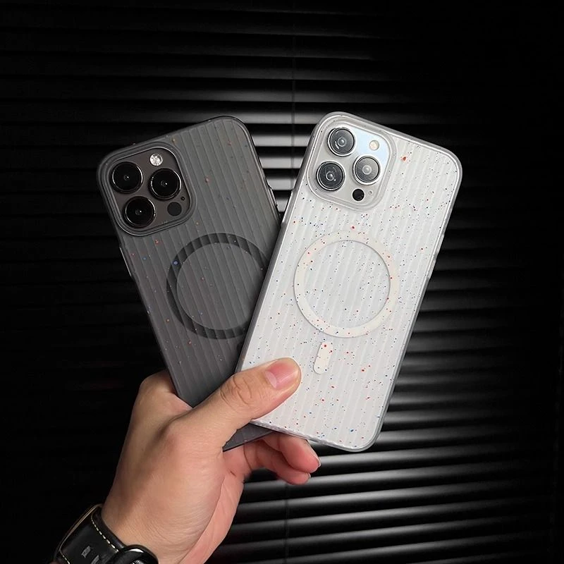 新款泼墨磁吸PC冰川纹理适用苹果15promax手机壳透明大孔iPhone14