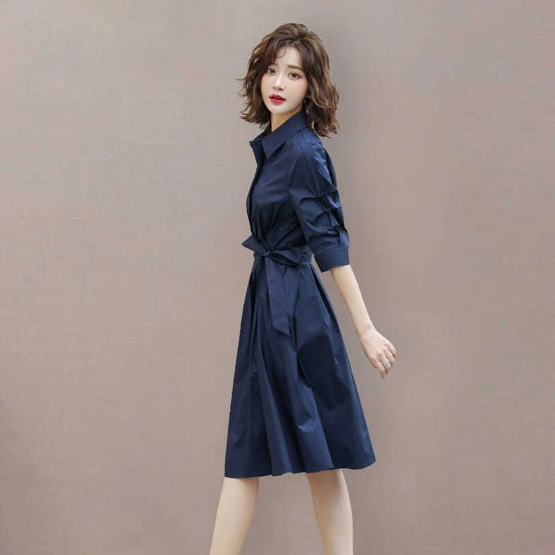 藏青色连衣裙女2024年春装新款收腰显瘦气质简约通勤衬衫a字裙子