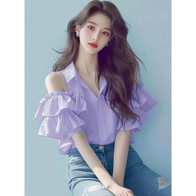 设计感荷叶边紫色露肩衬衫欧货漂亮时尚气质高级感绝美上衣女夏季