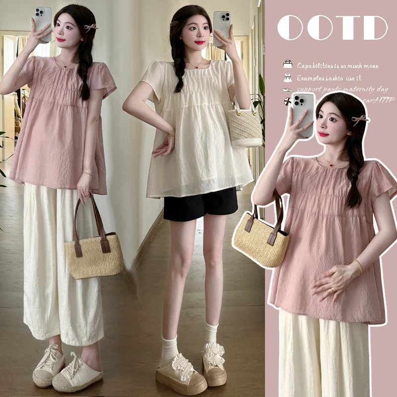 2024夏季新款韩版褶感设计百搭上衣宽松显瘦时尚休闲减龄短袖衬衫