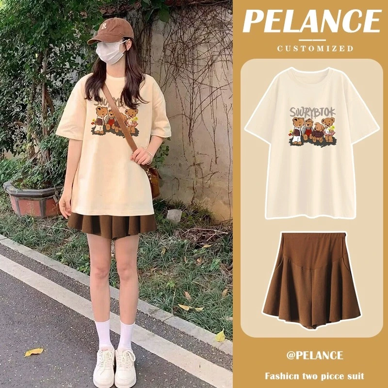 孕妇套装夏季新款外穿休闲短裤裙+短袖上衣时尚百搭T恤衫中长款