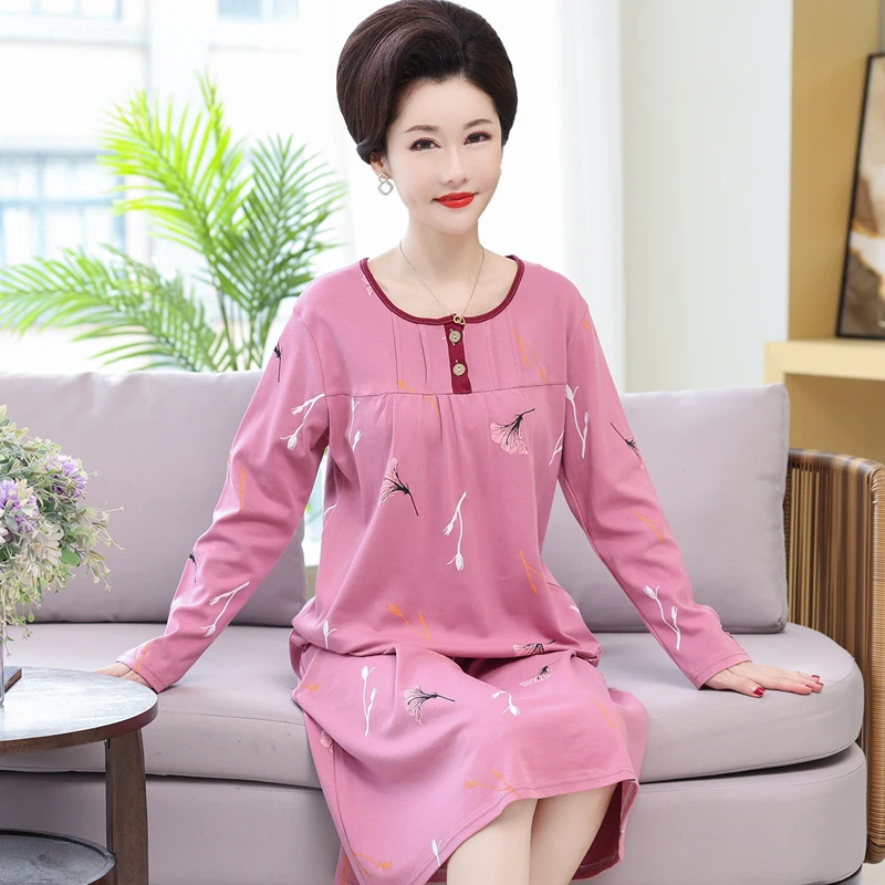睡裙女春秋季棉质长袖中年中老年妈妈睡衣家居服薄款长款2024新款